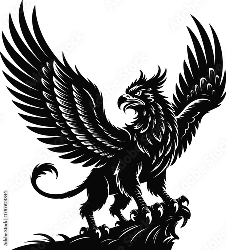 Majestic griffin silhouette with wings spread wide in dramatic black and white
