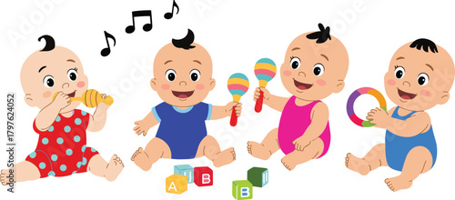 Cute cartoon illustration of four happy babies playing with colorful musical toys and blocks, creating fun cheerful infant nursery activity scene
