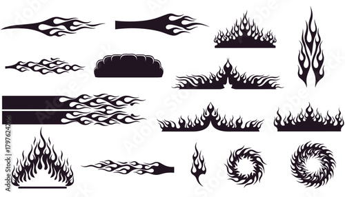 Collection of black silhouette flame graphics and fire decals for automotive and design projects