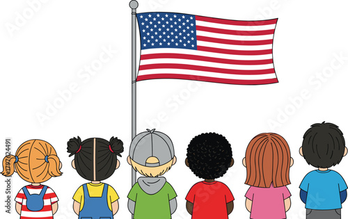Children standing together facing American flag, patriotic unity illustration for education, national pride, diversity, ceremony, respect, USA vector design