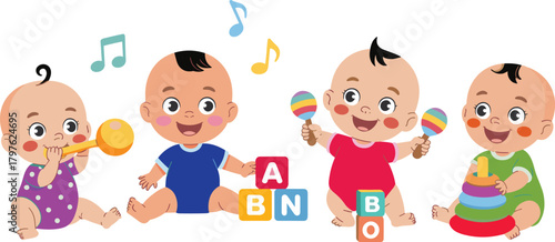 Cute cartoon illustration of four happy babies playing with colorful musical toys and blocks, creating fun cheerful infant nursery activity scene