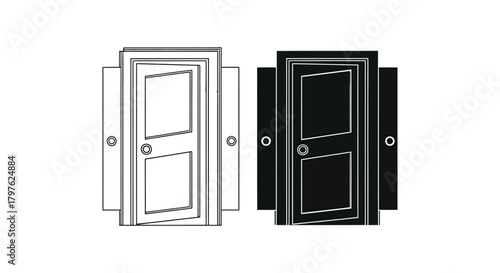 Three door illustrations including one colored and two in black and white