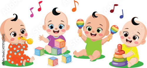 Cute cartoon illustration of four happy babies playing with colorful musical toys and blocks, creating fun cheerful infant nursery activity scene