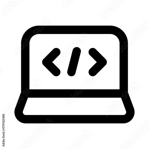 Coding Laptop Professional Line Icon. Modern vector illustration representing software development, programming work, and digital coding tasks.