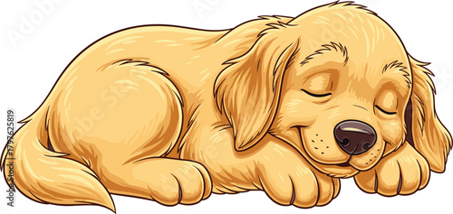 Sleeping golden puppy cartoon illustration, curled up dog drawing, peaceful pet artwork, cute animal clipart, cozy nap time scene