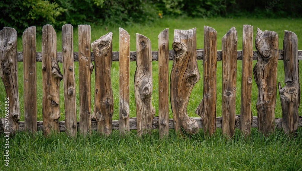 Obraz premium Aged wooden garden fence surrounded by vibrant green ground cover, erosion risk