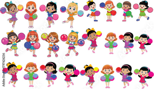 Cute cheerful cartoon girls cheerleaders with pink pom poms jumping happily in uniform, adorable kids team performing energetic cheerleading routine illustration