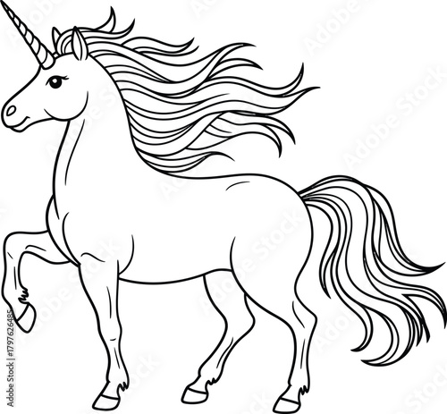 Majestic unicorn illustration with flowing mane and tail in black and white