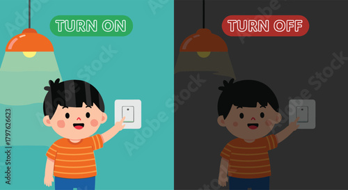 Turn on and off light, cartoon child with switch, electricity concept, home lighting illustration, educational kids energy awareness art