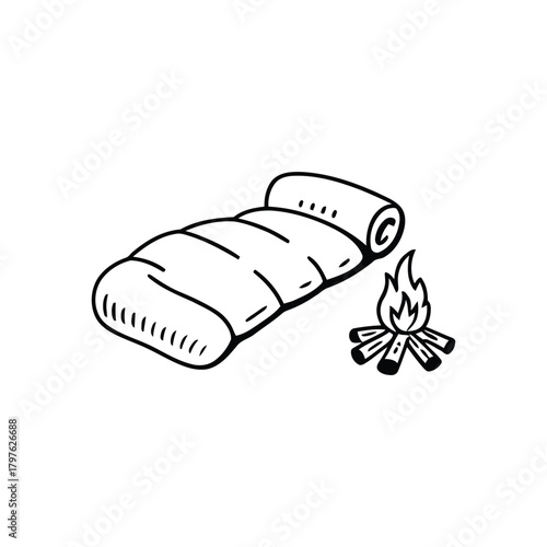 Camping sleeping bag and campfire simple line art illustration on white