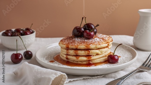 Pancakes topped with cherri...