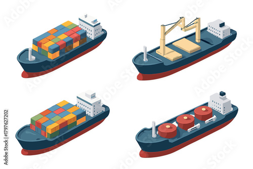 Various cargo ships including container vessels, bulk carriers, and oil tankers for global logistics and maritime transport