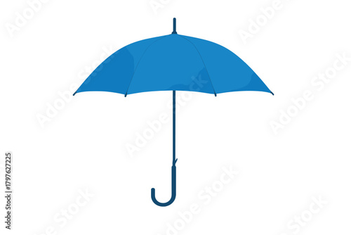 Classic open blue umbrella with curved handle providing protection from rain or sun