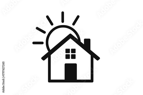 Simple black icon representing a residential house with a chimney and sun rising over the roof