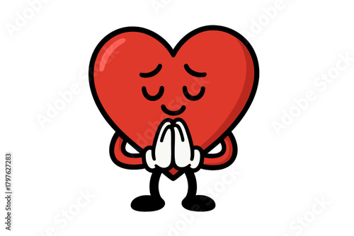 Adorable red heart mascot character with closed eyes making a humble praying gesture
