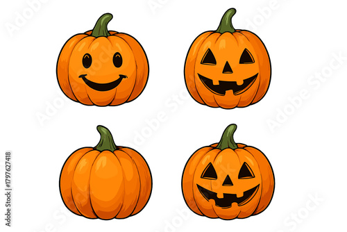Four orange pumpkins displaying various expressions including happy, scary, and blank faces