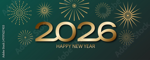 Elegant 2026 New Year Greeting with Gold Fireworks for seasonal marketing, invitations, and digital greetings.