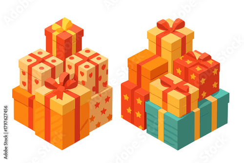 Two large piles of colorful wrapped presents tied with ribbons for celebration and holidays