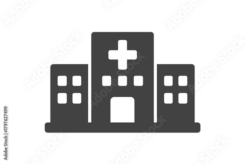 Monochromatic icon depicting a multi-story hospital or medical facility building with a cross symbol