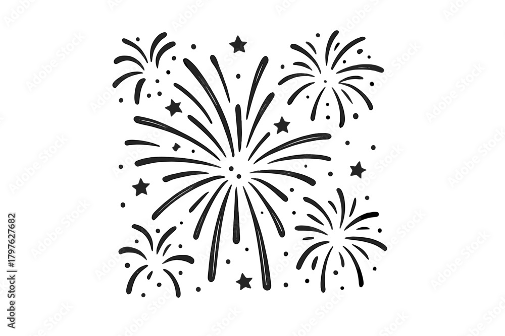 Naklejka premium Hand drawn doodle pattern featuring fireworks bursts and stars for celebration
