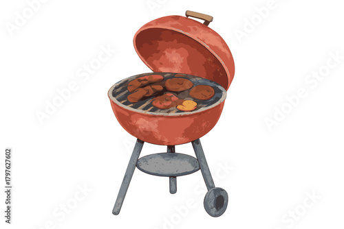 Outdoor charcoal kettle grill cooking sausages and burger patties for a summer barbecue party