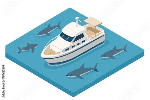White motor boat sailing on the blue ocean water with four large sharks swimming nearby