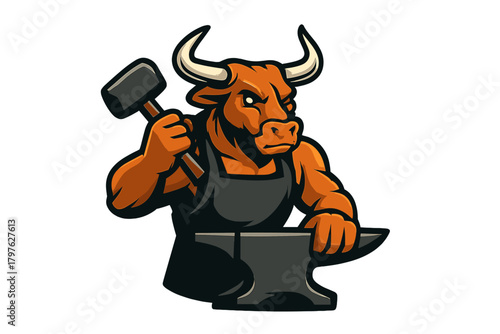 Muscular bull character wearing an apron holding a hammer over a heavy anvil