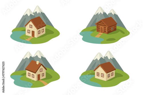 Fotografie Four isometric mountain houses and rustic cabins on green landscape islands with
