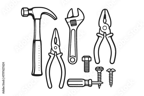 Collection of essential hand tools and hardware for home repair and construction projects