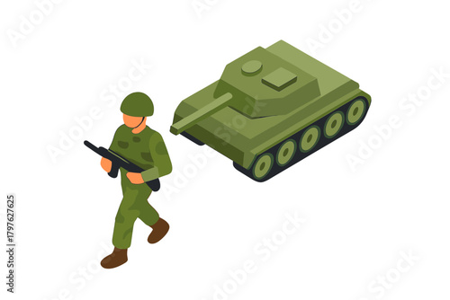 Heavy armored tank and soldier carrying a rifle in a detailed military setting