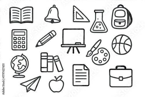 Essential objects for back to school and college studies in outline style
