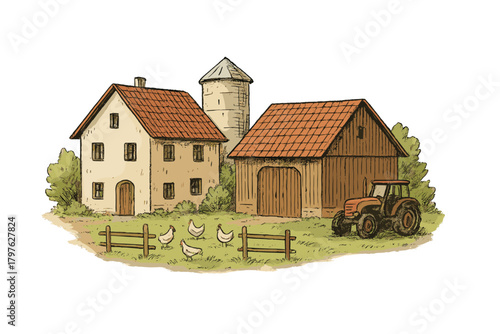 Rustic farm setting with main house, storage barn, tall silo, vintage tractor, and free-range chickens