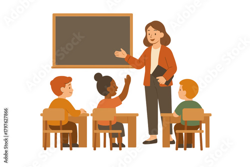 Elementary school teacher standing by a blackboard while students sit at desks