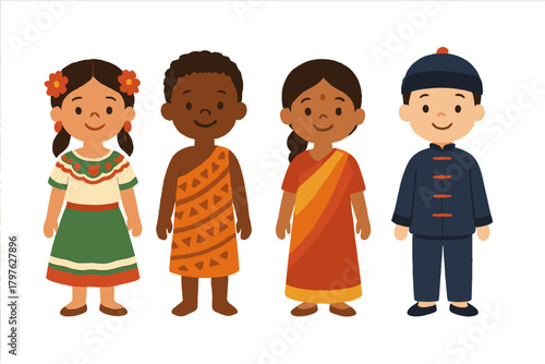 Group of four smiling children representing global diversity in traditional cultural outfits