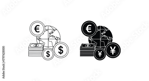 Three illustrations of global finance with currency and money stacks