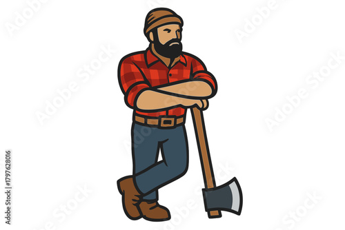 Bearded lumberjack leaning on an axe wearing a plaid shirt and beanie hat