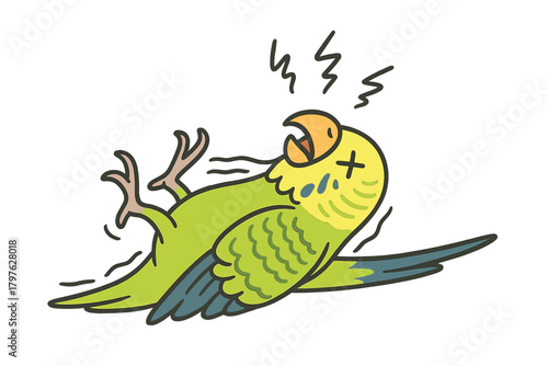 Stunned green budgerigar lying on its back with crossed eyes and shock symbols