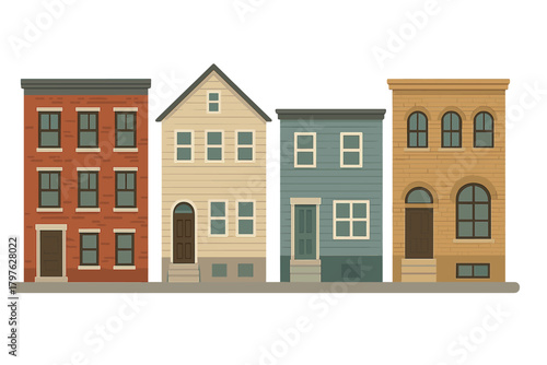 Diverse row of residential buildings including brick townhouses and wooden clapboard homes