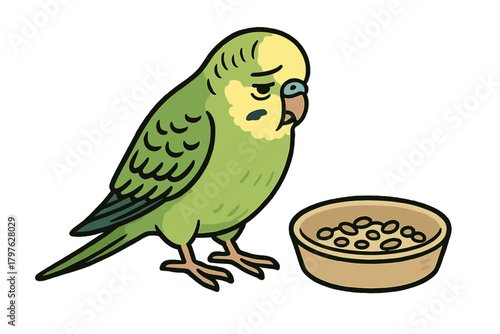 Melancholy green and yellow budgerigar standing beside a dish of birdseed