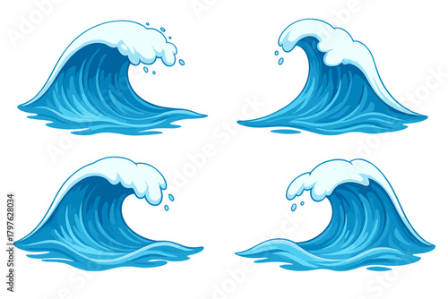 Four stylized blue ocean waves with white foam crests isolated on a clean background