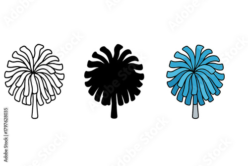 Three graphic styles of a fluffy cheerleading pom-pom: line art, solid black, and blue color
