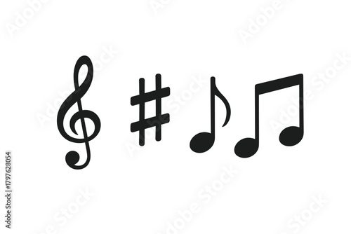 Classic black musical symbols including treble clef, sharp sign, and various notes
