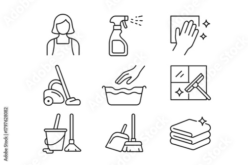 Outline symbols representing tools for domestic cleaning and hygiene tasks