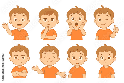 Young boy character avatar showing various facial expressions and hand gestures