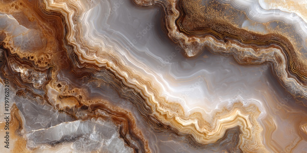 Fototapeta premium Close-up of abstract layered material featuring brown, gold, and grey veins