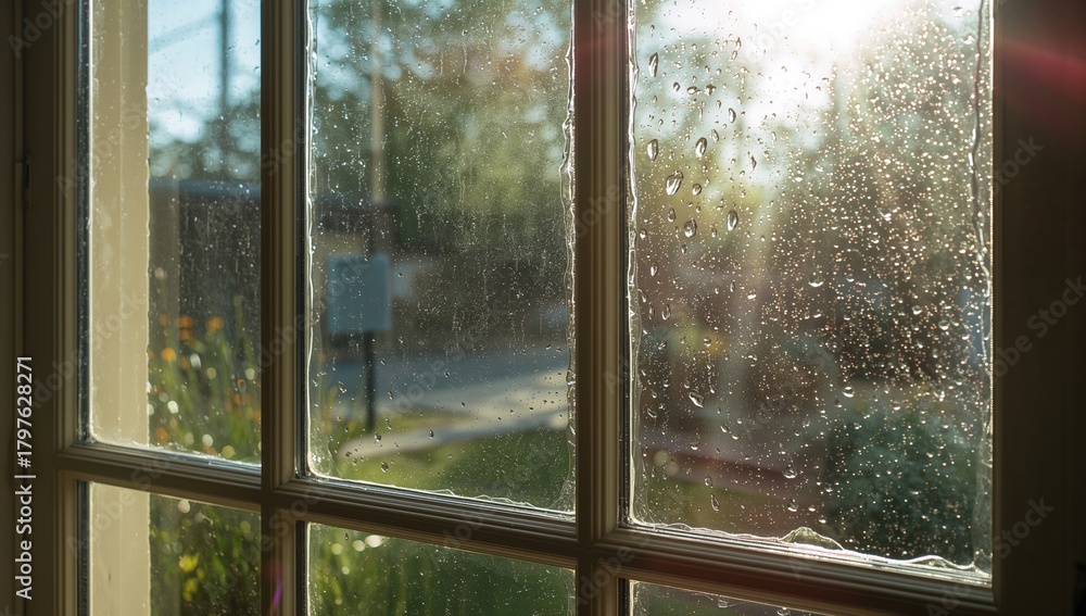 Obraz premium Wet windowpane adorned with raindrops, showcasing the beauty of seasonal change