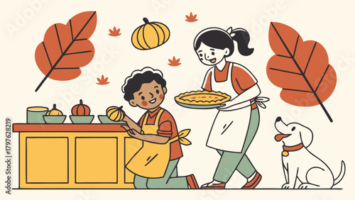 A mother and child in aprons baking a pumpkin pie and decorating with gourds, accompanied by their dog in a cozy autumn kitchen.