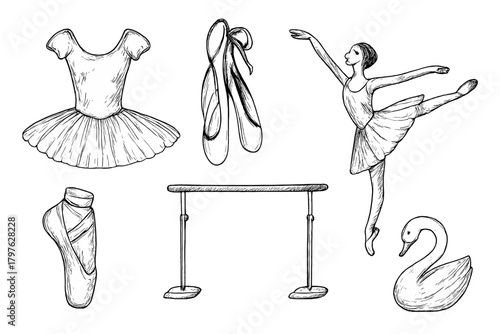 Sketch style set of ballet objects featuring a dancer, tutu dress, pointe shoes, practice barre, and white swan