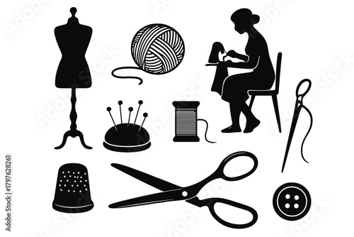 Essential sewing and tailoring equipment including scissors, thread, needle, thimble, and dress form silhouettes