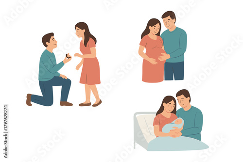 Couple celebrating life milestones from engagement and marriage to pregnancy and newborn baby